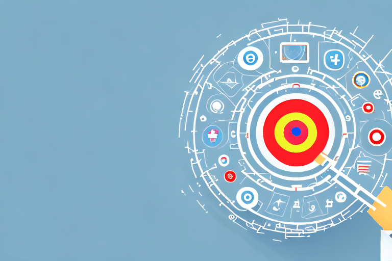 A symbolic representation of a target surrounded by various marketing tools such as a megaphone